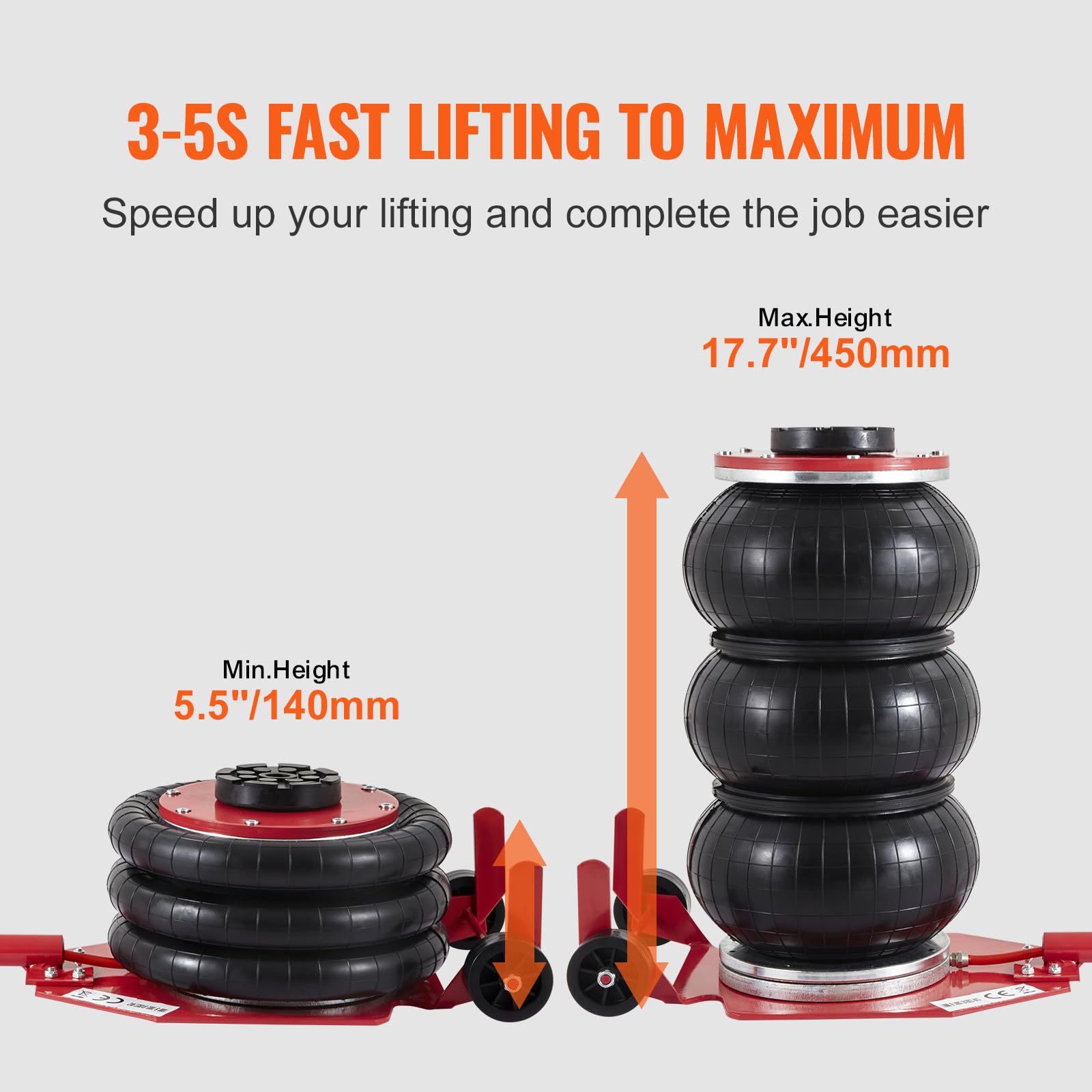 VEVOR Air Jack, 3 Ton/6600 lbs Triple Bag Air Jack, Airbag Jack with Six Steel Pipes, Lift up to 17.7 inch/450 mm, 3-5 s Fast Lifting Pneumatic Jack, with Long Handles for Cars, Garages, Repair, (Red) 🍁 All In One Marketplace Canada