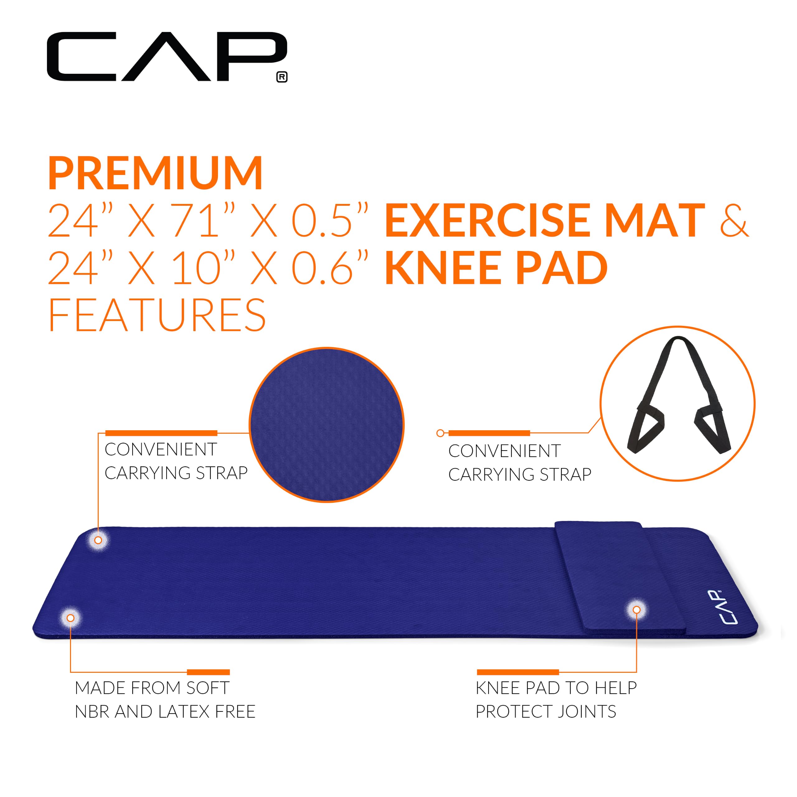 CAP Barbell High Density Exercise Yoga Mat with strap and Knee Pad 71