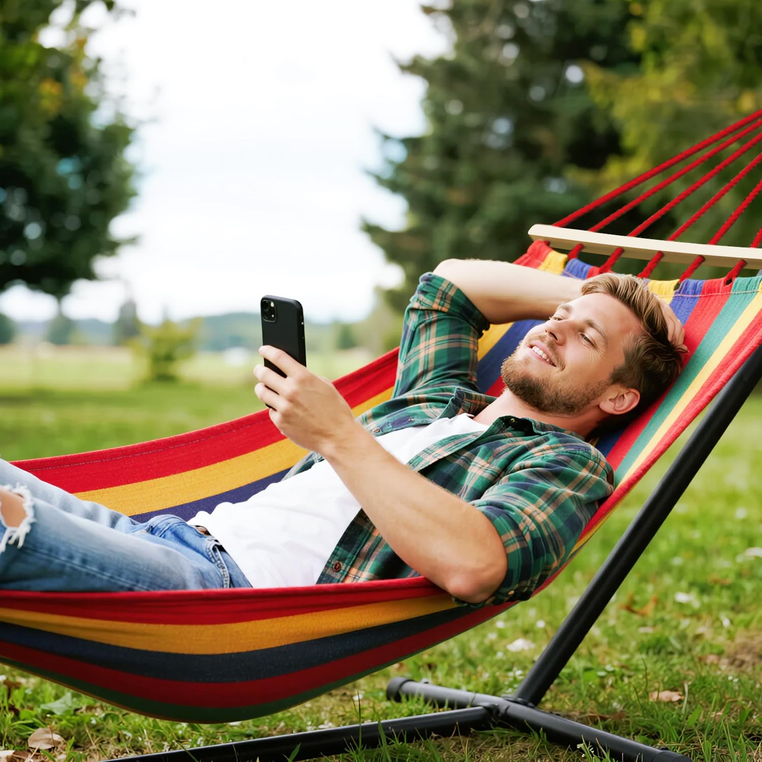 MOSFiATA Camping Hammock 550lb Upgraded Thickened 320G Durable Canvas Fabric Single Hammocks with Two Anti Roll Balance Beam and Sturdy Metal Knot Tree Straps for Camping, Patio, Backyard, Outdoor 🍁 All In One Marketplace Canada