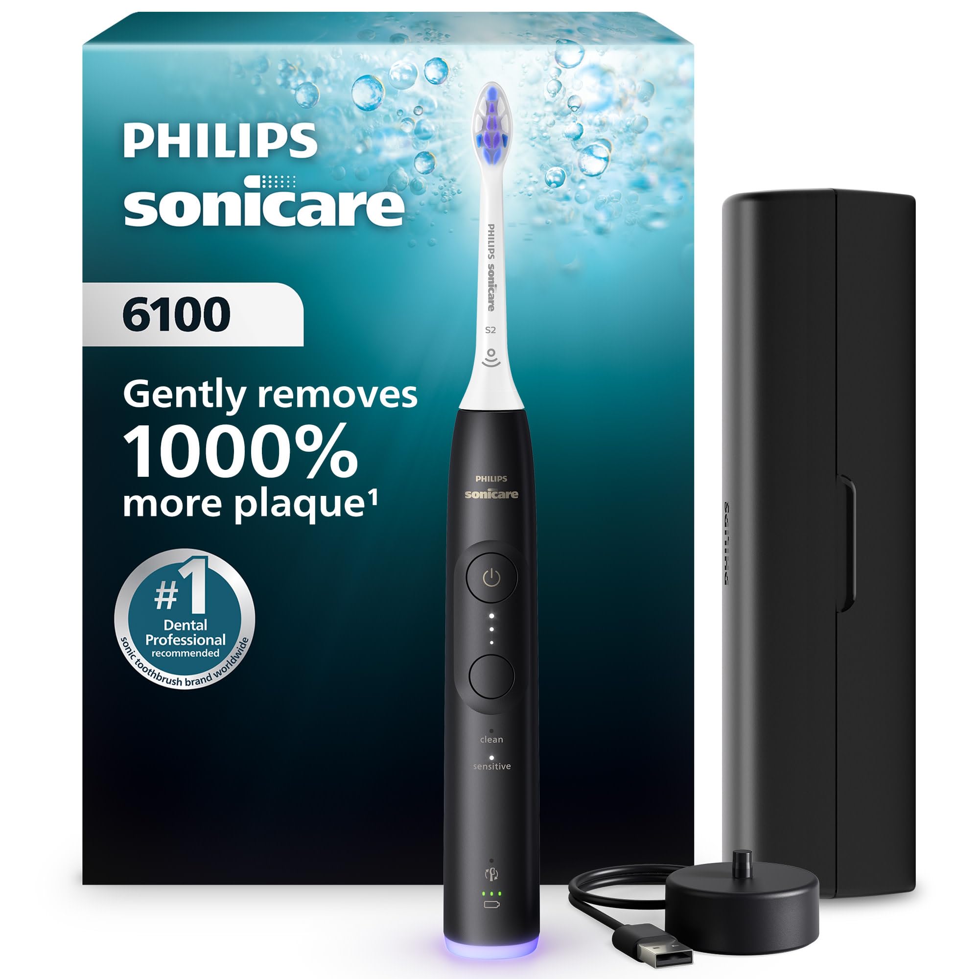 Philips Sonicare 6100 Series Electric Toothbrush - Next-Generation Sonicare Technology, Pressure Sensor, 6 Brushing Settings, SmarTimer, BrushPacer, 21-day Runtime, Travel Case, Black, Model HX7401/06 🍁 All In One Marketplace Canada