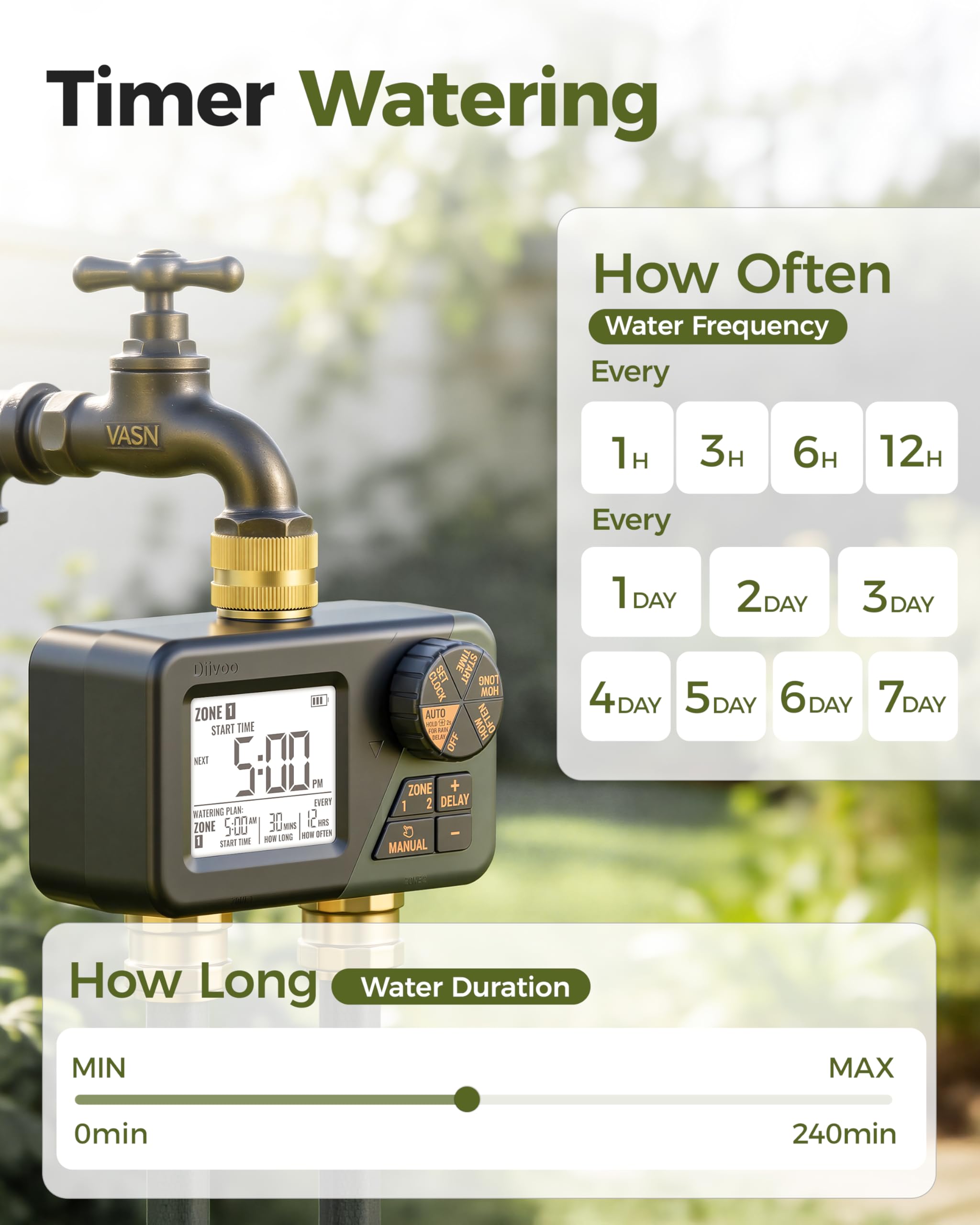 Diivoo 2 Zone Water Timer for Garden Hose, Programmable Sprinkler Hose Timer with Brass Inlet & Outlet, IP66 Waterproof, Rain Delay & Manual Mode for Irrigation, Lawn, Yard 🍁 All In One Marketplace Canada