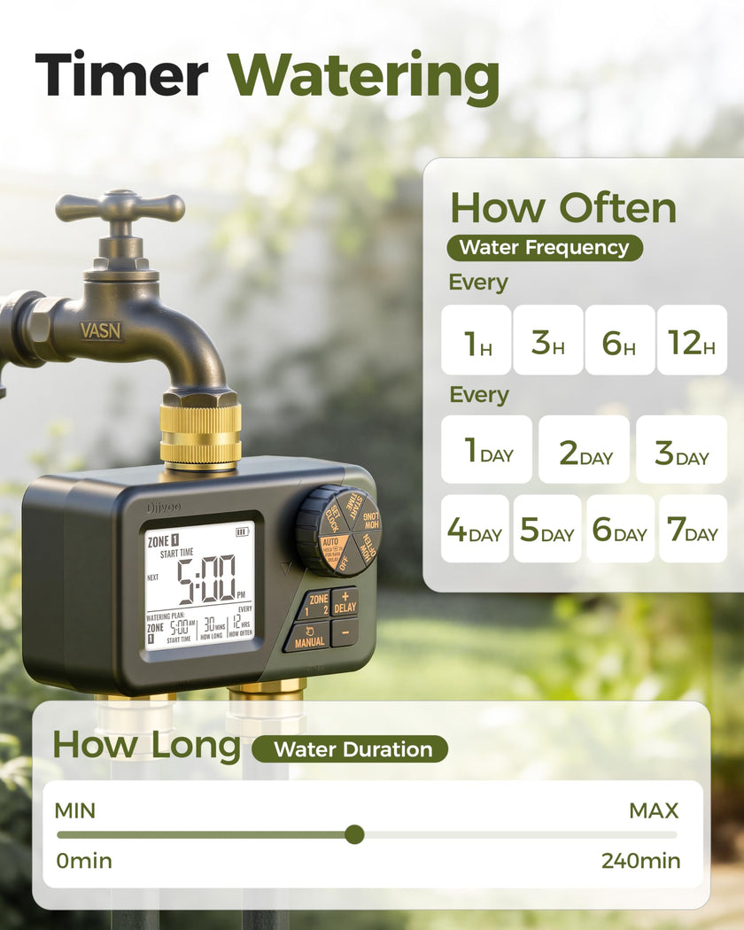 Diivoo 2 Zone Water Timer for Garden Hose, Programmable Sprinkler Hose Timer with Brass Inlet & Outlet, IP66 Waterproof, Rain Delay & Manual Mode for Irrigation, Lawn, Yard 🍁 All In One Marketplace Canada