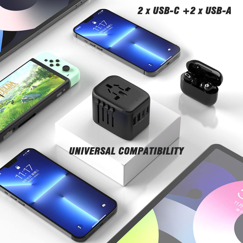 RXSQUL Universal International Power Travel Plug Adapter, 5 in 1 European Travel Plug Adapter W/ 3.5A 2xUSB-A And 2xUSB C Wall Charger and Worldwide AC Outlet for Europe USA UK AUS Asia-Black 🍁 All In One Marketplace Canada