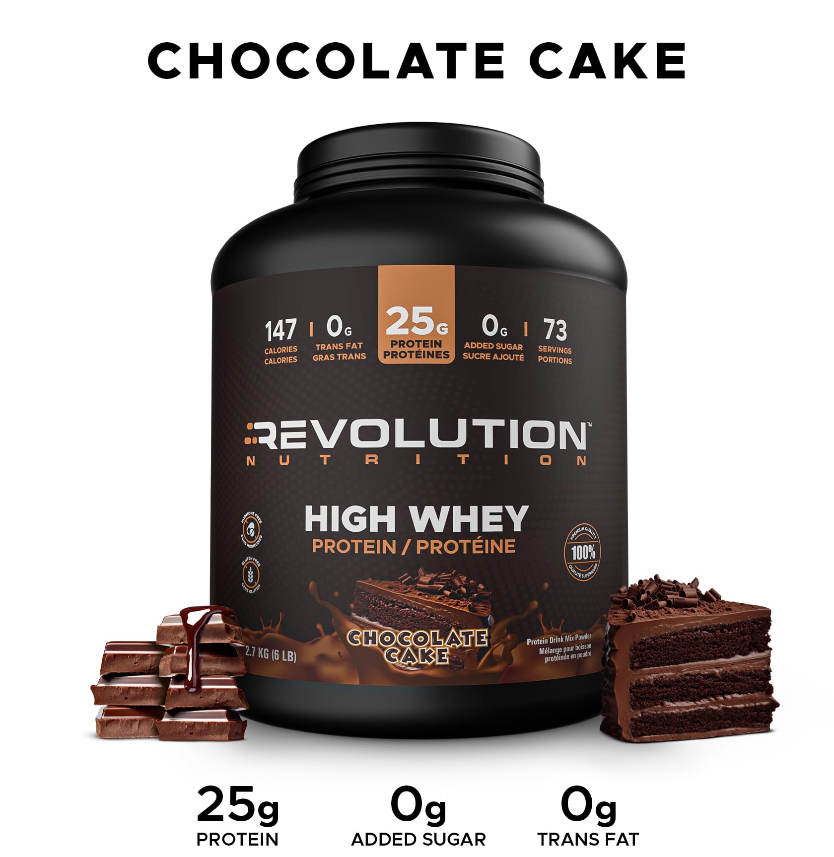 Revolution Nutrition, High Whey, Protein Powder 6LB, Whey Protein, Gluten Free, 25g of Protein Per Scoop, 2.7kg, 73 Servings (Chocolate Cake, 6 Pound) 🍁 All In One Marketplace Canada