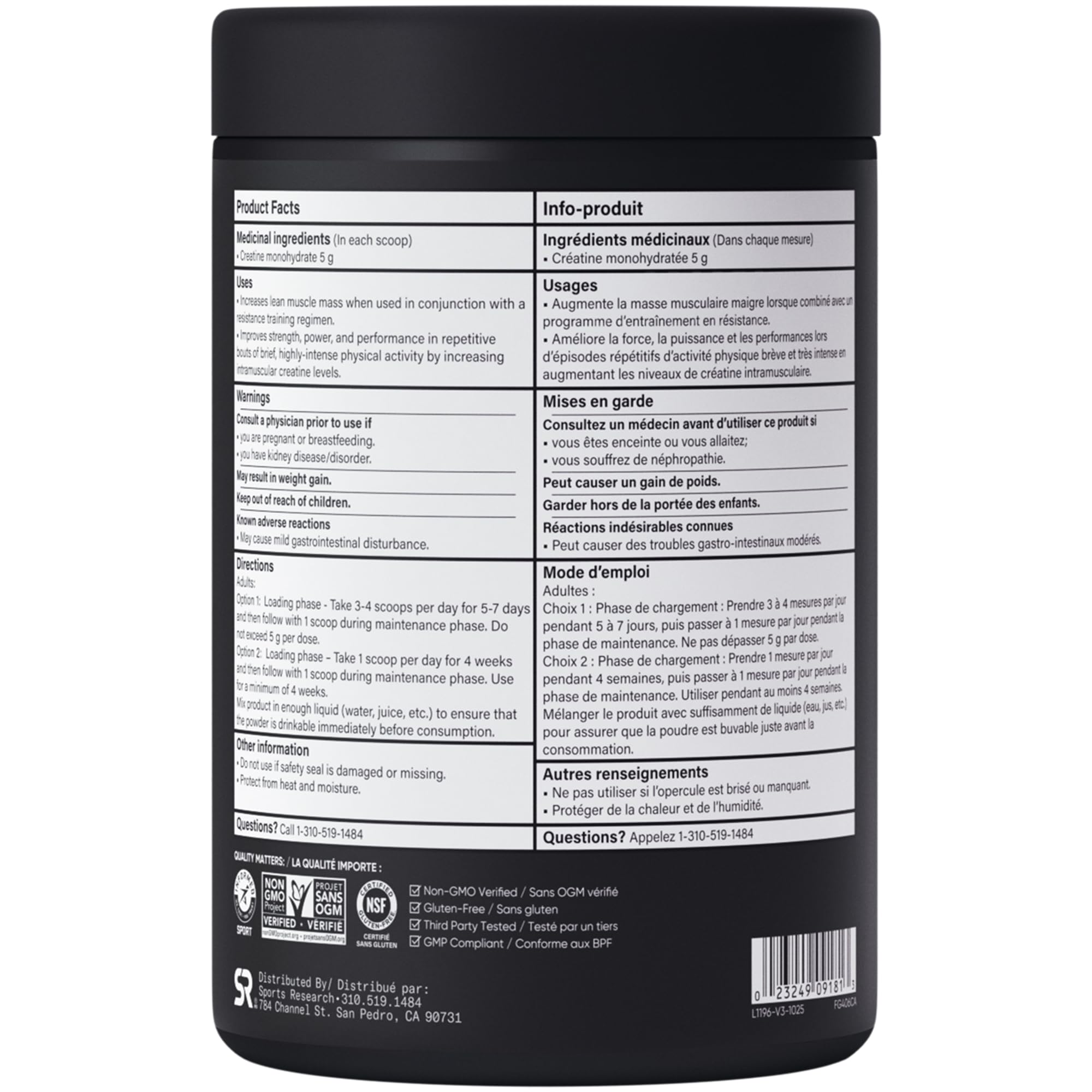 Sports Research® Creatine Monohydrate - Pure Micronized Creatine Monohydrate Powder - Improves strength, power, and performance for Women and Men | Non-GMO 100 Servings 🍁 All In One Marketplace Canada