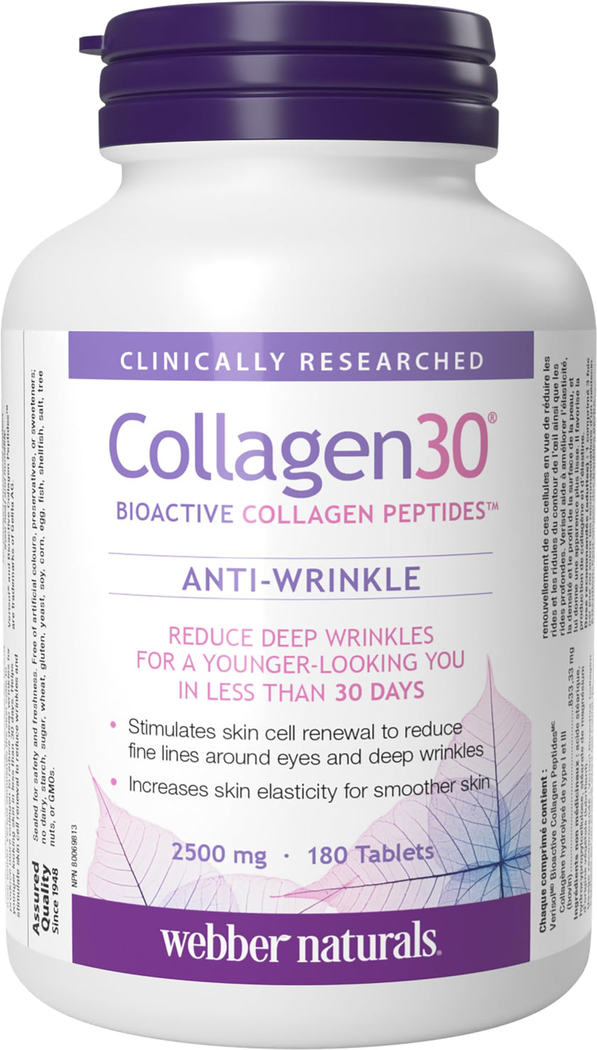 Webber Naturals Collagen30 Anti-Wrinkle, 2500 mg of Bioactive Collagen Peptides Per Serving, 180 Tablets, Helps Reduce Deep Wrinkles, Fine Lines & Stimulates Skin Cells 🍁 All In One Marketplace Canada