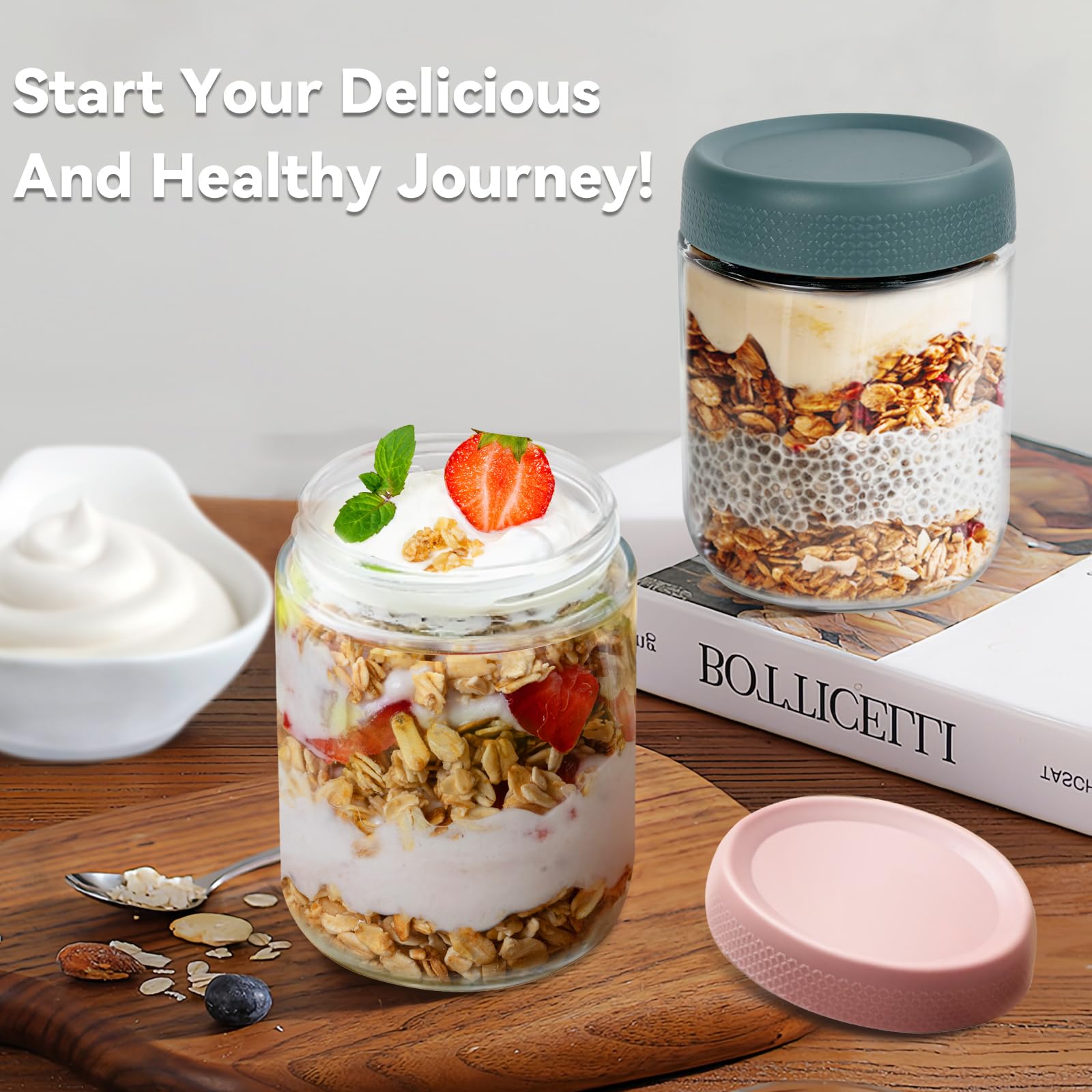 16 OZ Overnight Oats Jar,6 Pack Glass Jar with Lid and Spoon,Reusable Wide Mouth Mason jars for Overnight Oats,Yogurt Snacks Fruit, Salad Dressing, Sauce,Cereal-Leak Proof(500 ml) 🍁 All In One Marketplace Canada