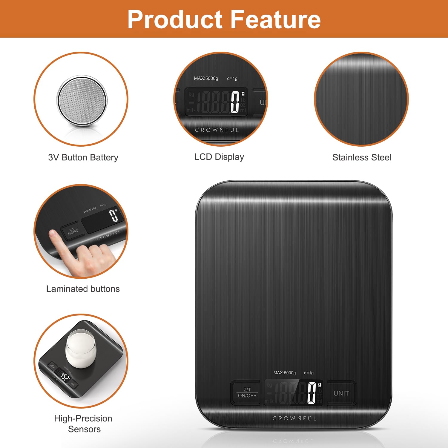 CROWNFUL Food Scale, 5kg/11lb Digital Kitchen Scales Weight Ounces and Grams for Cooking and Baking, 6 Units with Tare Function, Black (Battery Included) 🍁 All In One Marketplace Canada