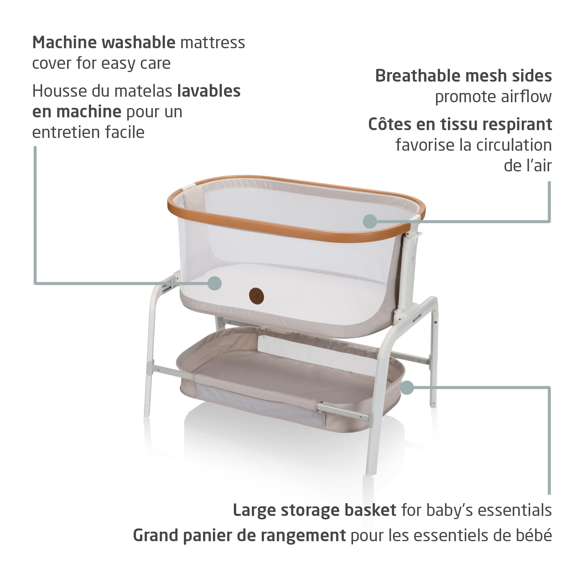 Maxi-Cosi Iora Bedside Bassinet , infant bedside sleeper crib, 4 height positions, portable & folds flat, large storage basket, includes travel bag, Horizon Sand 🍁 All In One Marketplace Canada