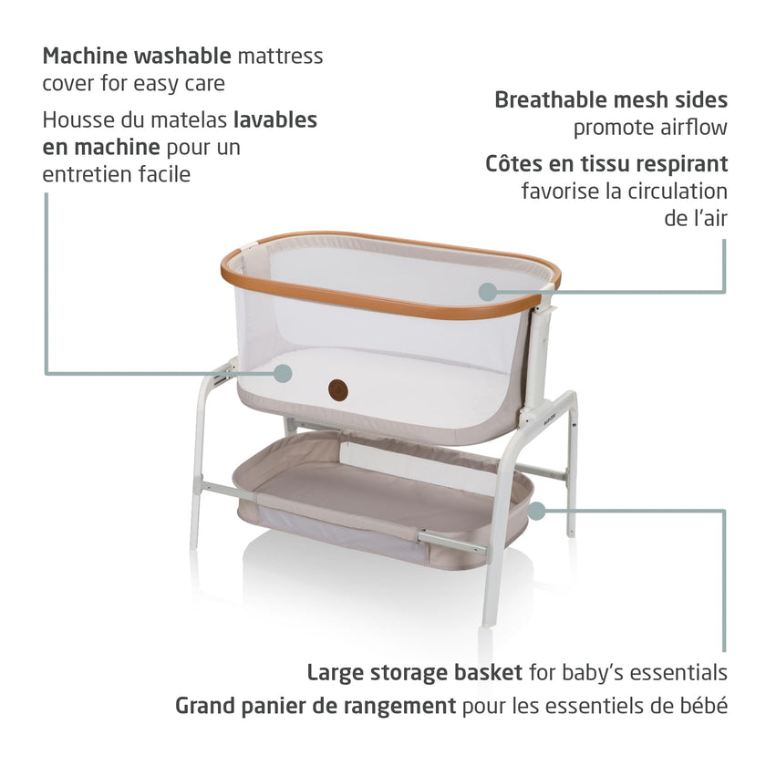 Maxi-Cosi Iora Bedside Bassinet , infant bedside sleeper crib, 4 height positions, portable & folds flat, large storage basket, includes travel bag, Horizon Sand 🍁 All In One Marketplace Canada
