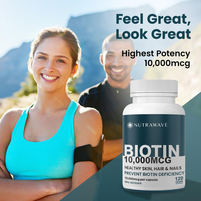 Nutrawave Extra Strength Biotin 10000mcg – Biotin for Hair Growth, Lush Hair, Glowing Skin & Strong Nails, Ideal for Women & Men, Non-GMO, Vegan, Gluten-Free. 120 Capsules 🍁 All In One Marketplace Canada