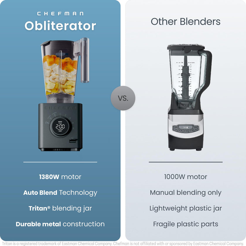 Chefman Obliterator 48 oz Countertop Blender for Smoothies, 1380W Motor to Crush Ice, Nuts, and Frozen Fruit with Stainless Steel Blade, Auto Blend Function, Includes 20 oz Travel Jar - Midnight 🍁 All In One Marketplace Canada