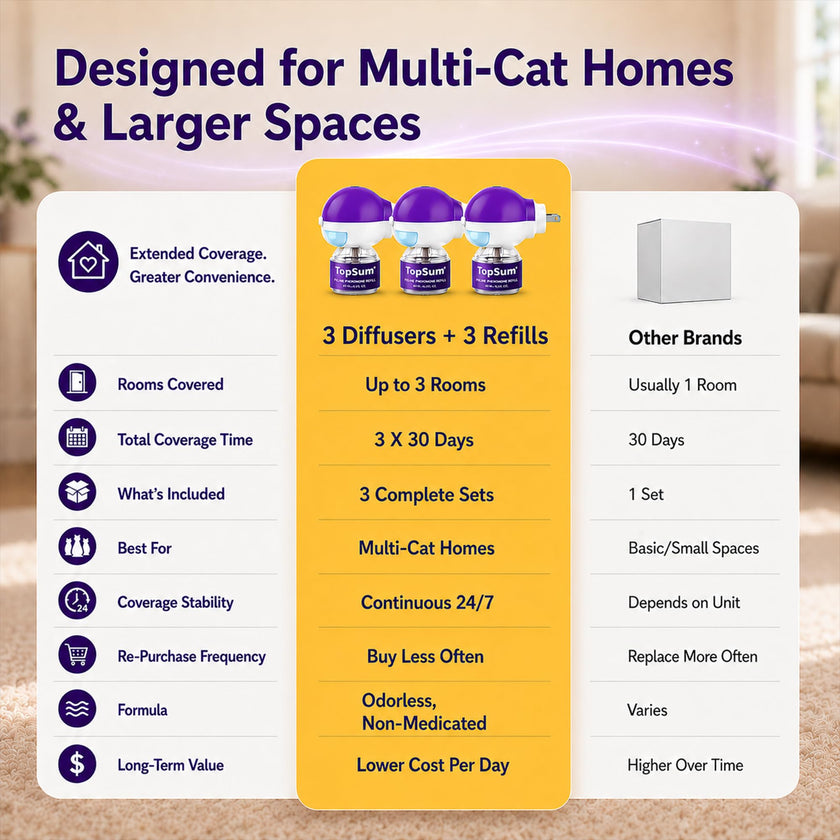 TopSum Cat Pheromone Diffuser: Cat Calming Diffuser for Spraying, Scratching, Excessive Meowing & Multi-Cat Homes, Ideal for Cats Alone at Home - VHP Registered NN.Z4H1 (3 Diffusers+3 Refills) 🍁 All In One Marketplace Canada