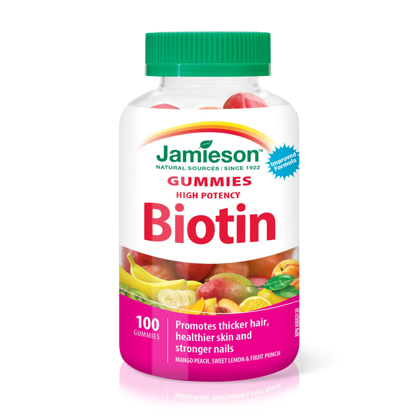 Jamieson High Potency Biotin Gummies with Vitamin C and Vitamin E, 100 Gummies, Mixed Flavours. Supports Thicker Hair, Healthier Skin, Stronger Nails. Gelatin-Free 🍁 All In One Marketplace Canada
