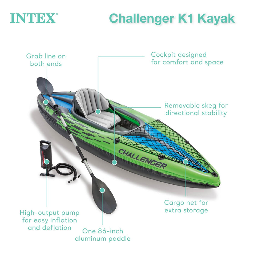 INTEX 68305EP Challenger K1 Inflatable Kayak Set: Includes Deluxe 86in Aluminum Oar and High-Output Pump – Adjustable Seat with Backrest – Removable Skeg – 1-Person – 220lb Weight Capacity 🍁 All In One Marketplace Canada