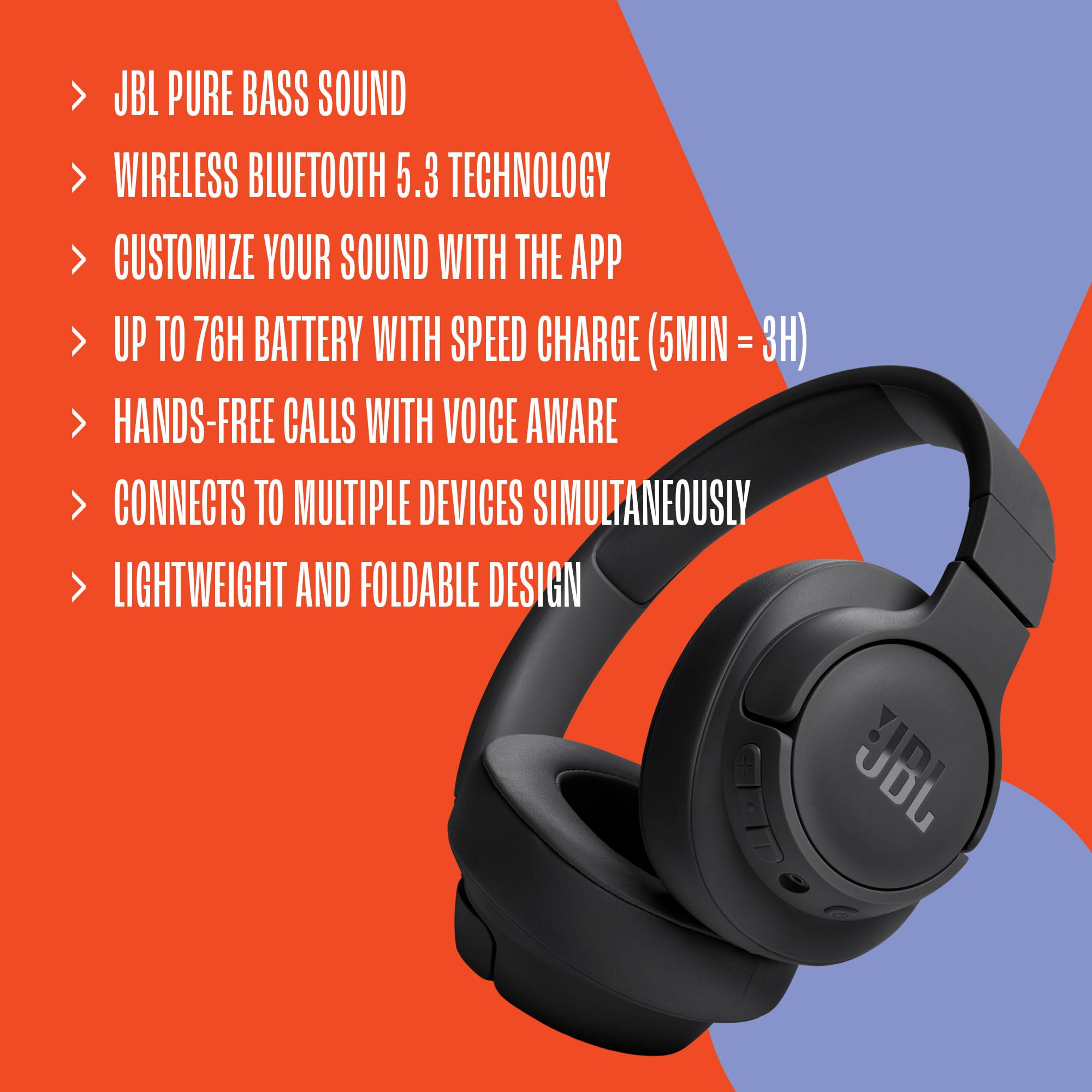 JBL Tune 720BT - Wireless Over-Ear Headphones with JBL Pure Bass Sound, Bluetooth 5.3, Up to 76H Battery Life and Speed Charge, Lightweight, Comfortable and Foldable Design (Blue) 🍁 All In One Marketplace Canada