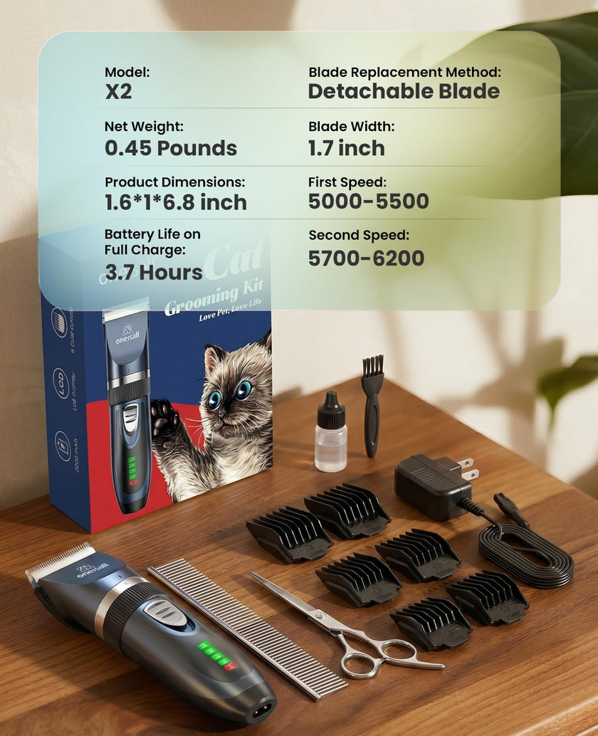 oneisall Quiet Cat Clippers for Matted & Long Hair, 2-Speed Cordless Pet Shaver Grooming Kit for Cats, Small Dogs & Animals (Blue) 🍁 All In One Marketplace Canada
