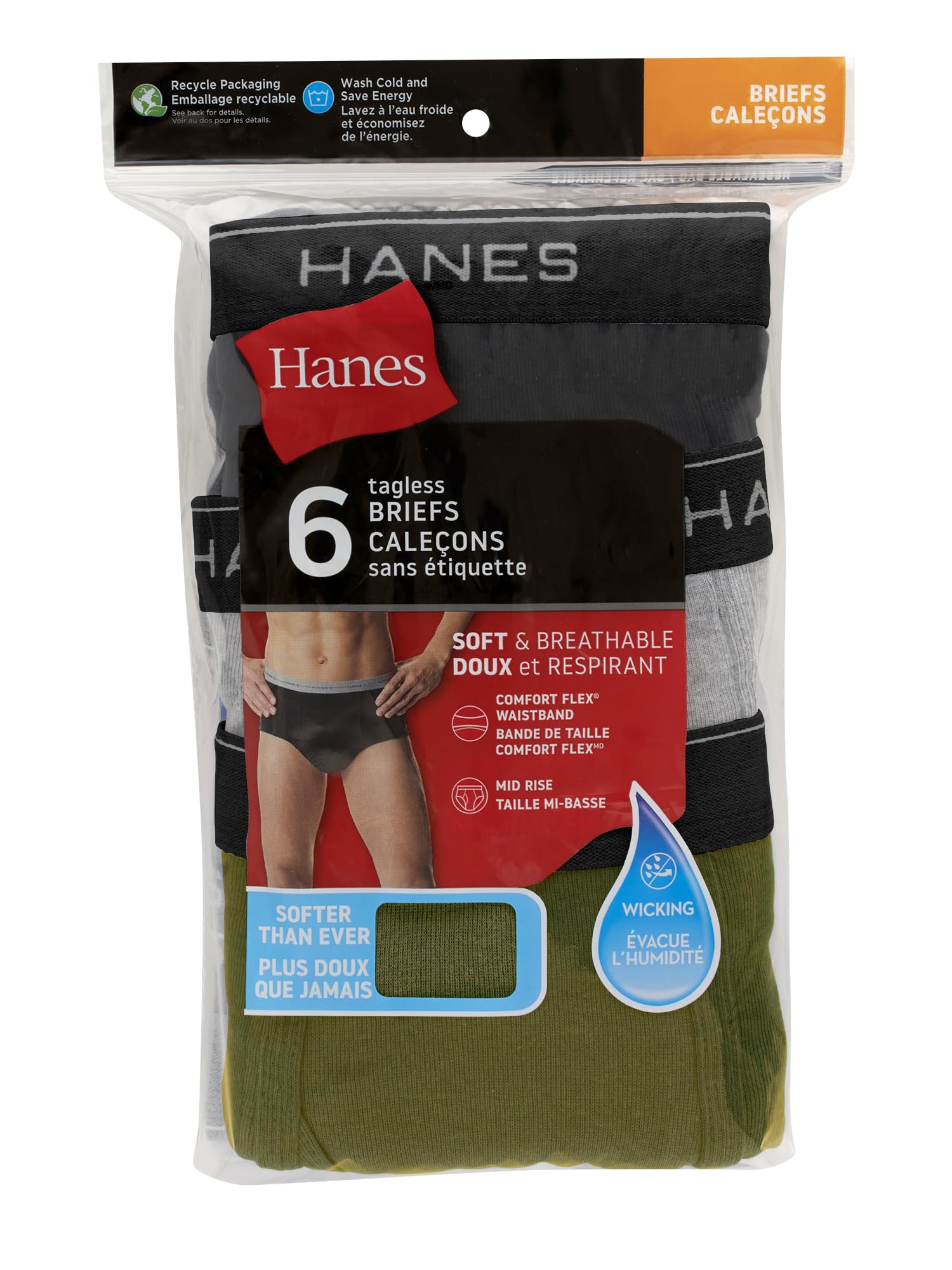 Hanes Mens 6-pack Exposed Waistband Mid-rise Briefs-underwear, White/Black, X-Large US 🍁 All In One Marketplace Canada