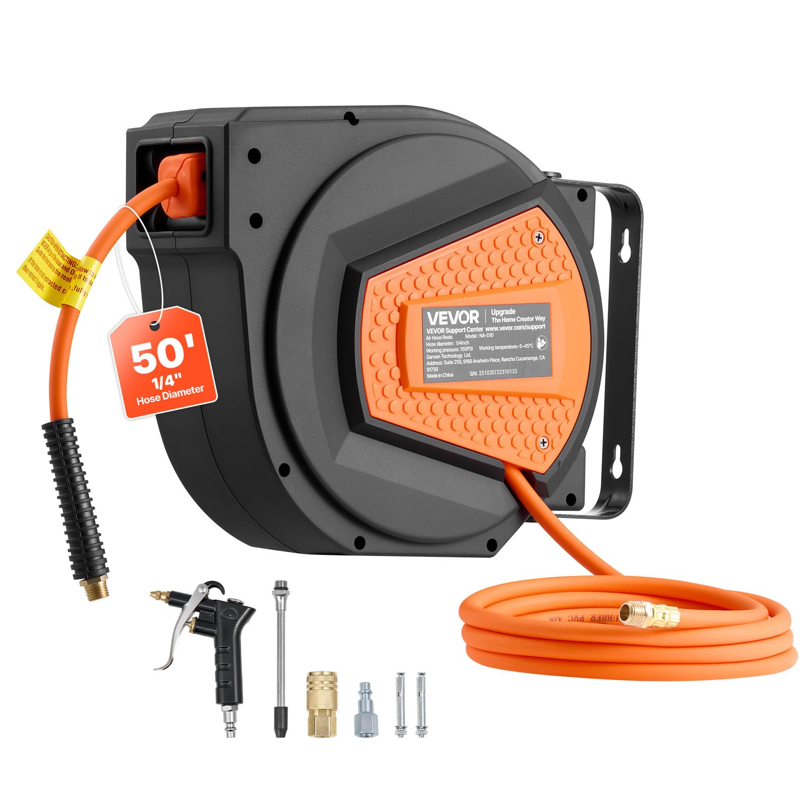 VEVOR Retractable Air Hose Reel, 1/4 Inch x 50 FT Hybrid Air Hose Max 300PSI, Enclosed Air-Compressor Hoses Reel Auto Rewind with 6.6 ft Lead in & Blow Gun, 180° Swivel Ceiling/Wall Mount 🍁 All In One Marketplace Canada