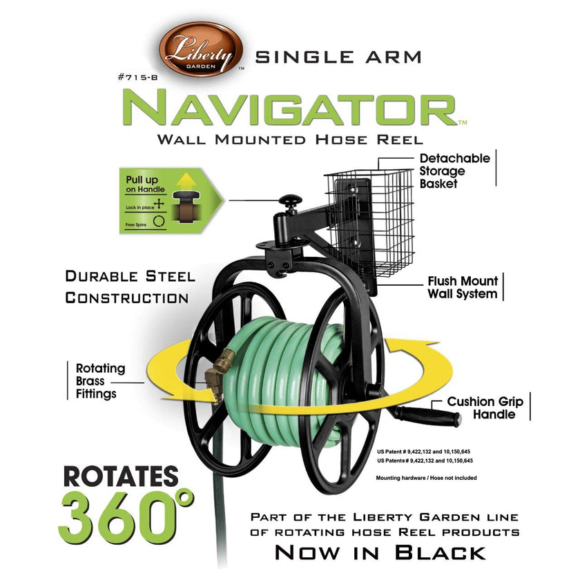 Liberty Garden 712-B Single Arm Navigator Multi-Directional Garden Hose Reel, Holds 125-Feet of, 5/8-Inch, Black, Height: 22.00