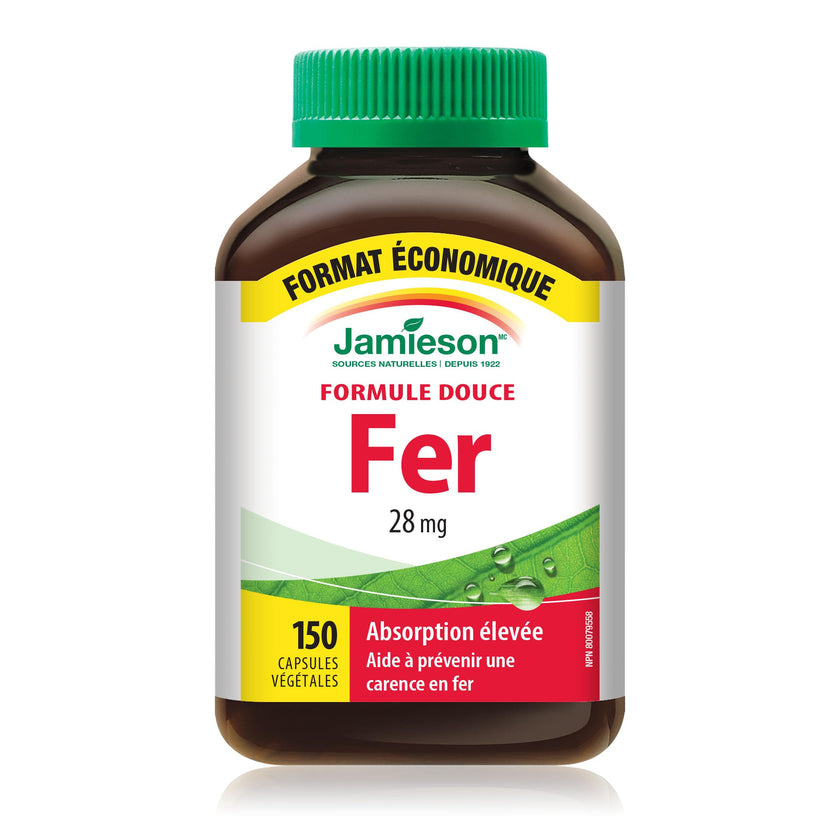 Jamieson Iron 28 mg, with Folic Acid, Vitamin B2, Vitamin B12, and Vitamin C, Helps Prevents Iron Deficiency, Provides Superior Absorption, and Gentle on the Stomach. Non-GMO, Gluten-Free, 150 Vegetarian Capsules 🍁 All In One Marketplace Canada