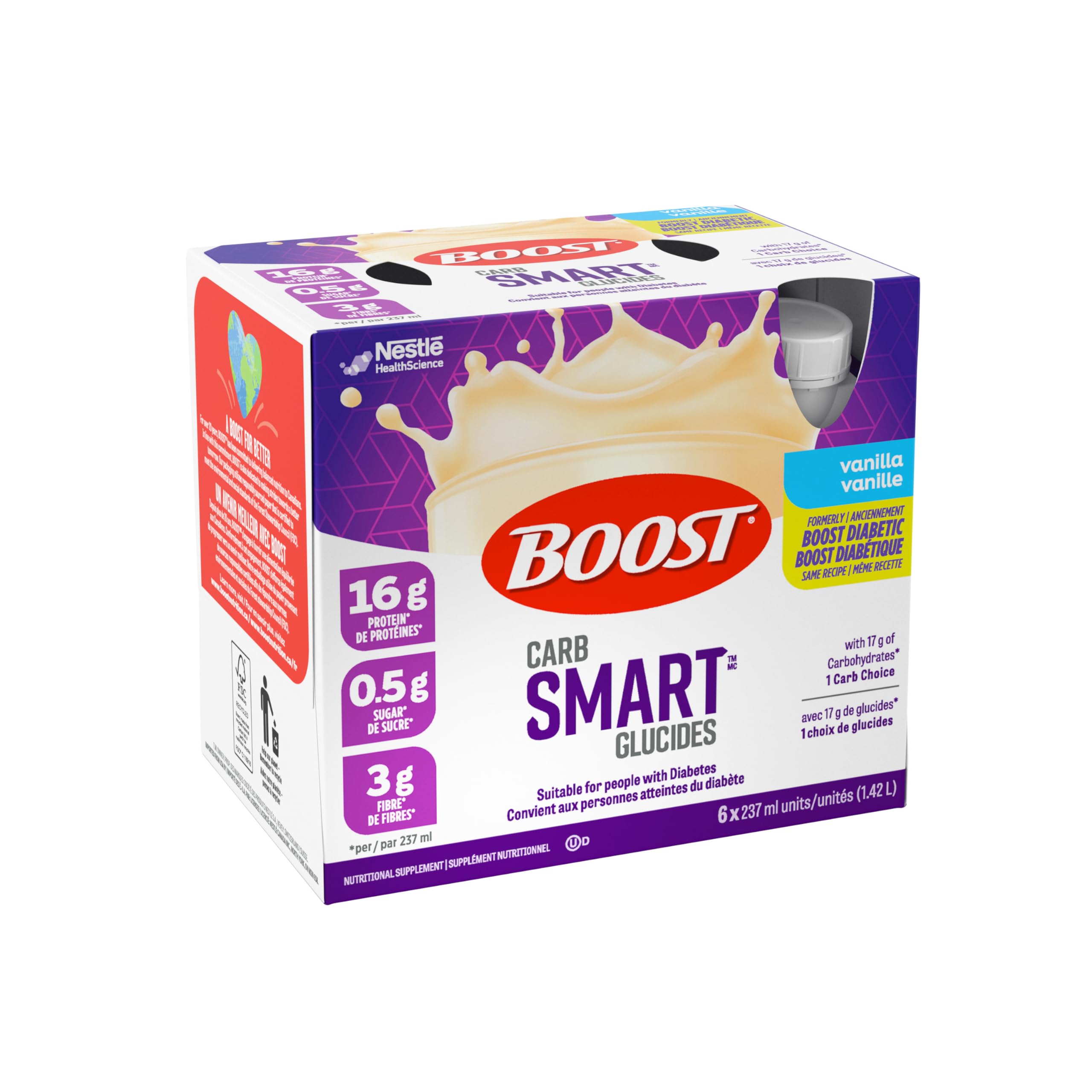BOOST CarbSmart Vanilla, High Protein, Low Sugar, 24 Vitamins & Minerals, Nutritional Supplement, 16g Protein, 0.5g Sugar, Kosher, Gluten-free, Suitable For Diabetics, 24 Bottles, 6 kg 🍁 All In One Marketplace Canada