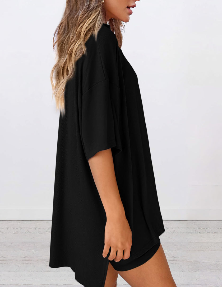 PRETTYGARDEN Women's Two Piece Lounge Set 2026 Summer Casual Oversized Shirts Biker Shorts Matching Airport Travel Outfit (Black,X-Large) 🍁 All In One Marketplace Canada