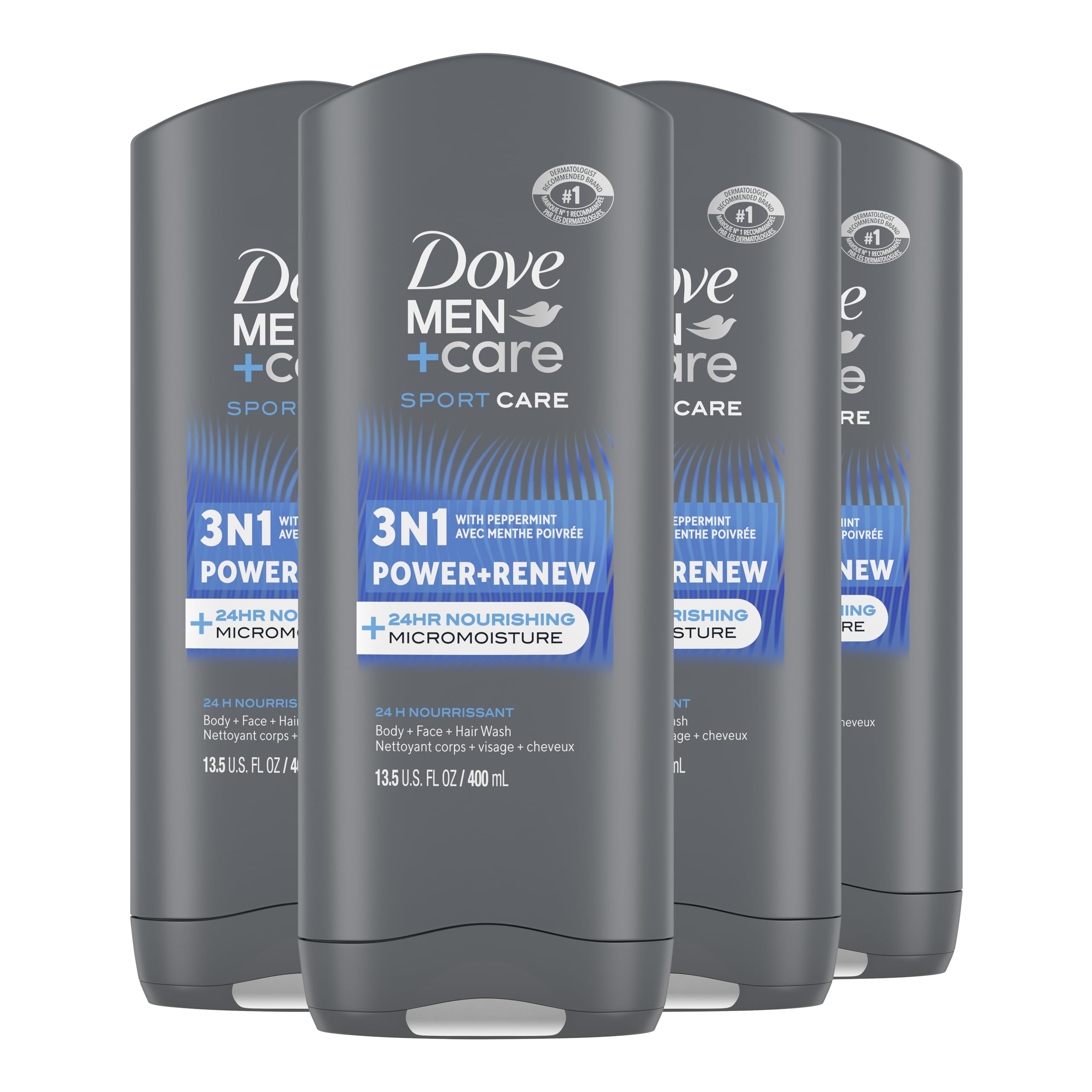 Dove Men+Care Refreshing Power + Renew 3N1 Body, Hair and Face Wash with 24-Hour Nourishing Micromoisture Technology Body Wash for Men 400 ml (Pack of 4) 🍁 All In One Marketplace Canada