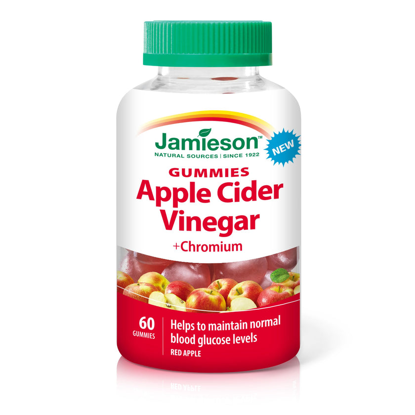 Jamieson Apple Cider Vinegar Gummy with Chromium, 60 Red Apple Flavoured Gummies. Helps Maintain Normal Blood Glucose Levels and Supports Metabolism. Vegetarian, No Artificial Colours or Flavours 🍁 All In One Marketplace Canada