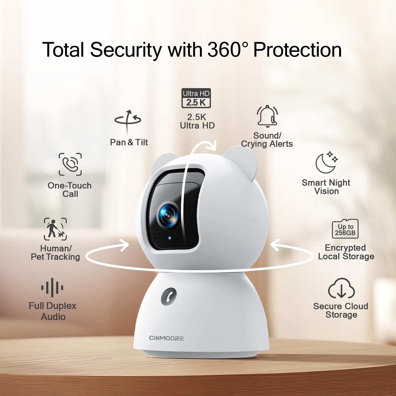 CINMOORE 2.5K Camera Surveillance Interieur, Indoor Security Cam, Free AI Pet/Person/Cry Detection, 4MP Pet Camera with Phone App Pan Tilt 2.4GHz WiFi, Night Vision, Full Duplex Audio 🍁 All In One Marketplace Canada