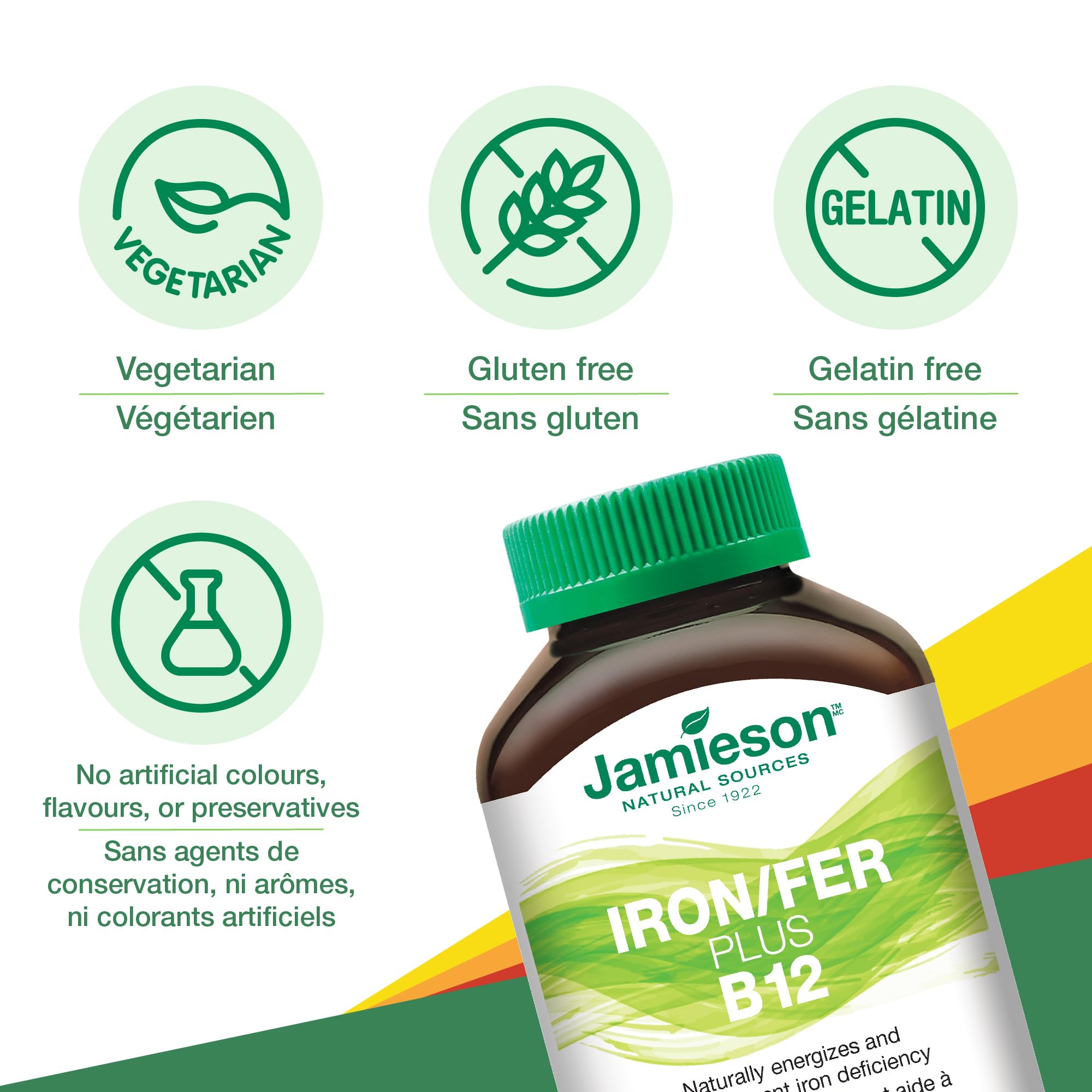 Jamieson Chewable Iron 18 mg Plus Vitamin B12 1,000 mcg Tropical Mango Lime Flavour, Helps Prevent Iron Deficiency, and Supports Natural Energy. Vegetarian, Gluten-Free, No Artificial Colours, Flavours, or Preservatives, 45 Chewable Tablets