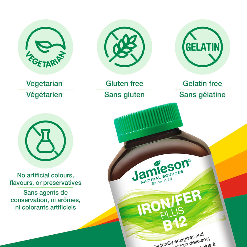 Jamieson Chewable Iron 18 mg Plus Vitamin B12 1,000 mcg Tropical Mango Lime Flavour, Helps Prevent Iron Deficiency, and Supports Natural Energy. Vegetarian, Gluten-Free, No Artificial Colours, Flavours, or Preservatives, 45 Chewable Tablets