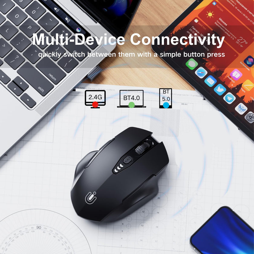 Bluetooth Mouse,[Upgraded] Wireless Mouse Rechargeable,Tri-Mode (BT 5.0/4.0+2.4G Hz),Computer Mouse with Visible Battery Level, 4 Adjustable DPI, Portable PC Mouse for MacBook Chromebook,Black 🍁 All In One Marketplace Canada