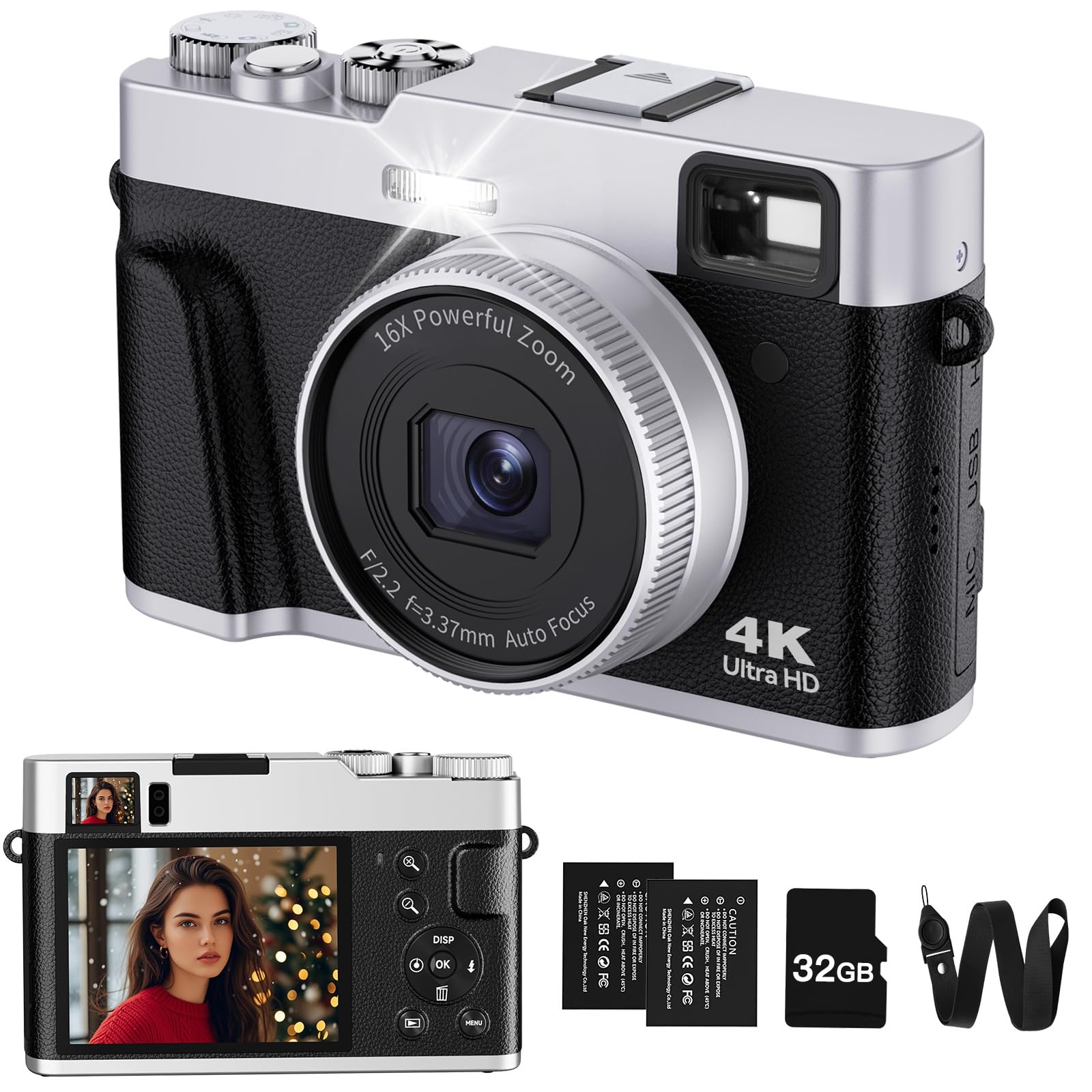 ToAuite 4K Digital Camera with Viewfinder, 48MP Autofocus Vlogging Camera for Photography and Video, Anti-Shake 16X Zoom Travel Portable Camera with Flash 32GB Card, Selfie YouTube Cameras with Dial 🍁 All In One Marketplace Canada