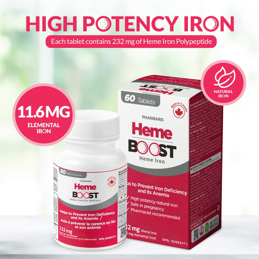 Hemeboost 232mg Heme Iron Supplements Polypeptide, (11.6mg Elemental Iron), Prevents Iron Deficiency & Anemia, Better Absorption, Well-Tolerated, Safe for Pregnancy, 60 Tablets 🍁 All In One Marketplace Canada