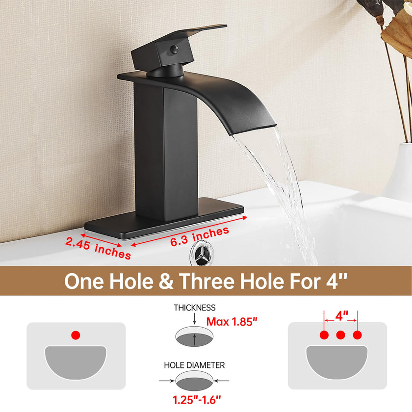 Fransiton Black Bathroom Faucet Bathroom taps 1 or 3 Hole Bathroom Sink Faucet Single Handle washroom Waterfall Faucet with Deck and Pop-up Drain 🍁 All In One Marketplace Canada