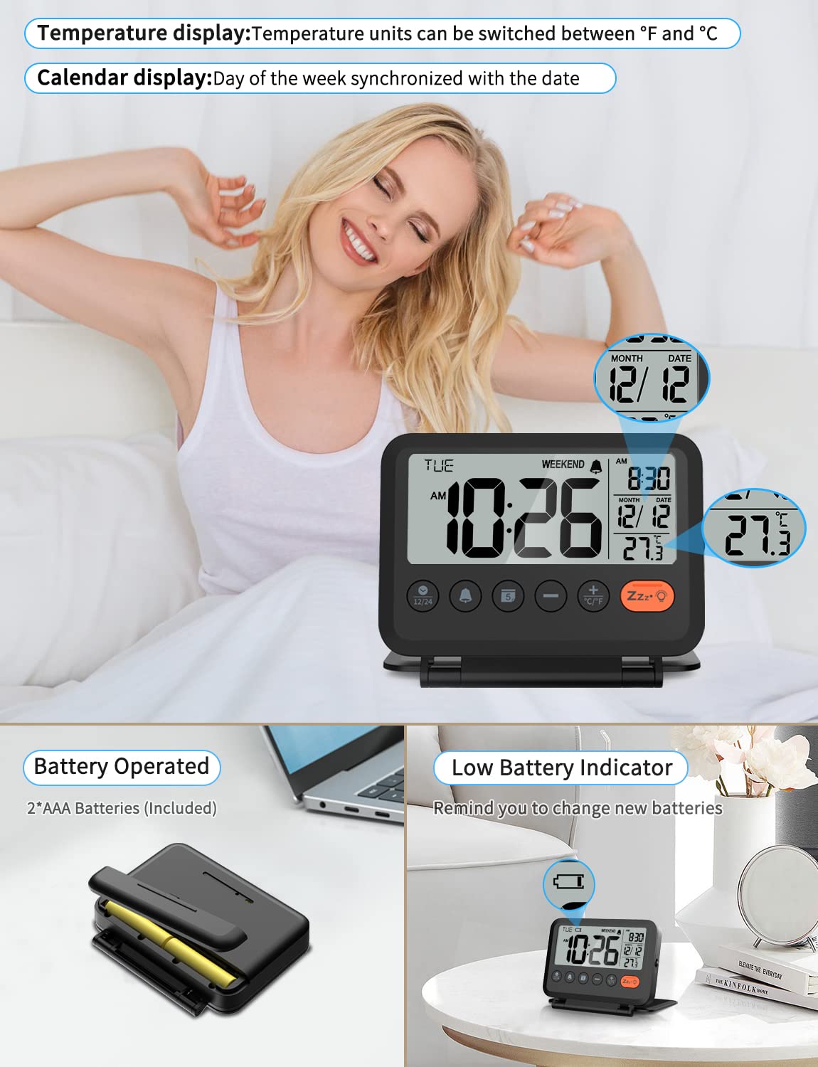 MeesMeek Digital Travel Alarm Clock: Small Bedside LCD Clock with Date Temperature Snooze Backlight 12/24H Weekend Mode and 2 Volume, Desk Clock for Kids Office Bedroom, Battery Included (Black) 🍁 All In One Marketplace Canada