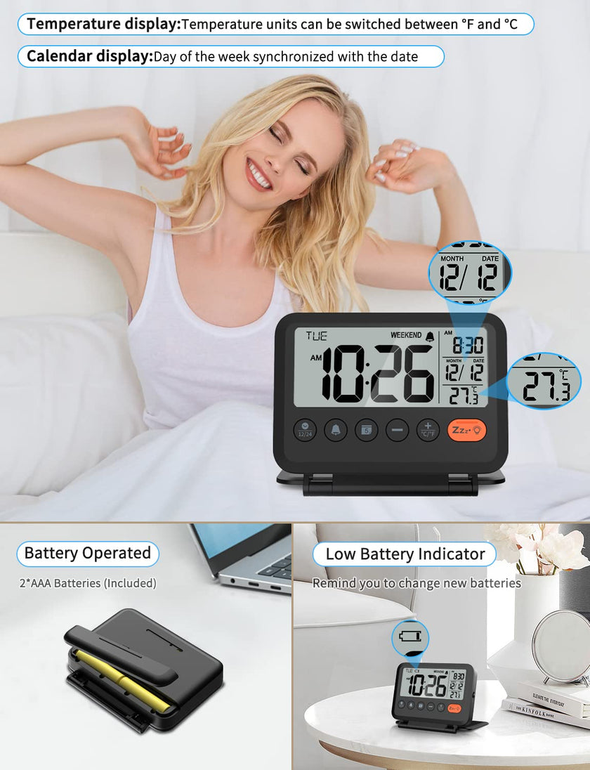 MeesMeek Digital Travel Alarm Clock: Small Bedside LCD Clock with Date Temperature Snooze Backlight 12/24H Weekend Mode and 2 Volume, Desk Clock for Kids Office Bedroom, Battery Included (Black) 🍁 All In One Marketplace Canada