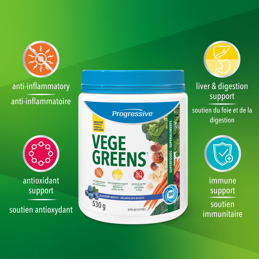 Progressive VegeGreens Blueberry Medley, Vegan Canadian-Made Superfoods + Daily Greens with 23 Whole Foods, Adaptogens, Anti-Inflammatory, Antioxidants & Digestive Support for Energy and Immunity, 530 g 🍁 All In One Marketplace Canada