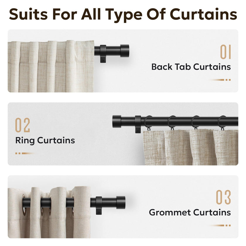 Zeerobee Curtain Rods for Windows 48 to 84, 1 Inch Black Heavy Duty Drapery Rods with Adjustable Length, Outdoor Modern Curtain Pole with Simple End Caps, 32