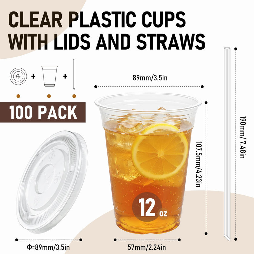 100 Pcs Clear Plastic Cups with Flat Lids and Straws, 12 oz Disposable PET Iced Coffee Cups - Ideal for Ice Coffee, Smoothie, Juice, Lemonade, Cold Beverages﻿ 🍁 All In One Marketplace Canada