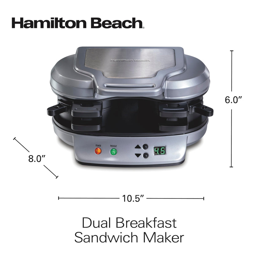 Hamilton Beach Dual Breakfast Sandwich Maker with Audible Timer, Ready in 5 Minutes, Removable Dishwasher Safe PFAS-Free Non-Stick Egg Cooker Ring, Silver (25490MNC) 🍁 All In One Marketplace Canada