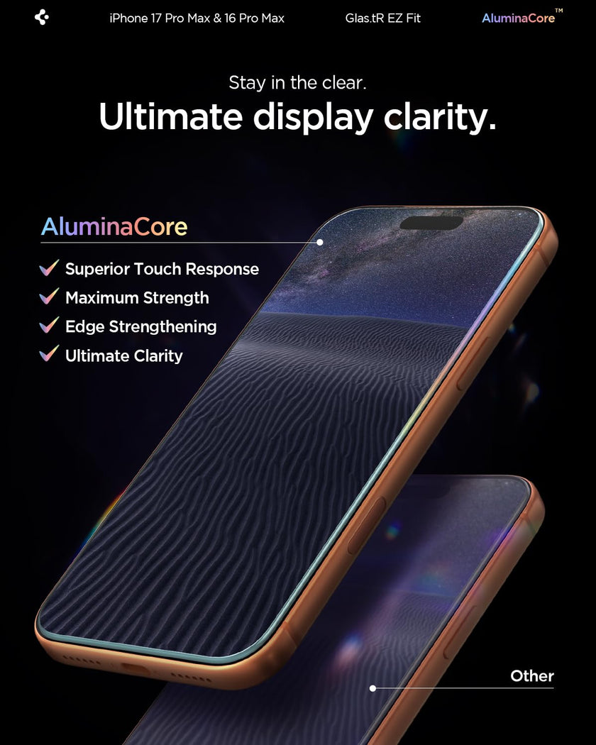 Spigen AluminaCore Tempered Glass Screen Protector [Glas.tR EZ Fit] designed for iPhone 17 Pro Max | iPhone 16 Pro Max [2 Pack] 9H+ Hardness, Aluminum-Enhanced Durability 🍁 All In One Marketplace Canada