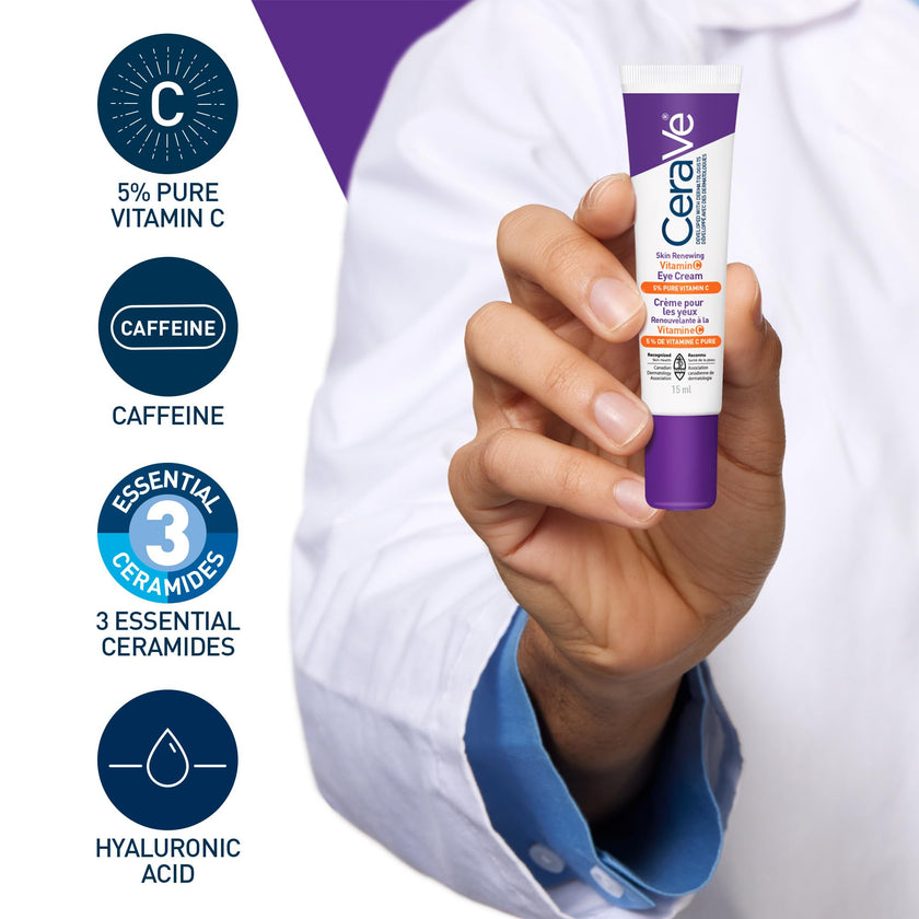 CeraVe Skin Renewing Vitamin C Eye Cream for Dark Circles & Fine Lines with 5% Pure Vitamin C, Hyaluronic Acid, & Caffeine, Hydrating & Brightening Anti-Aging Eye Treatment, Fragrance-Free, 15mL 🍁 All In One Marketplace Canada