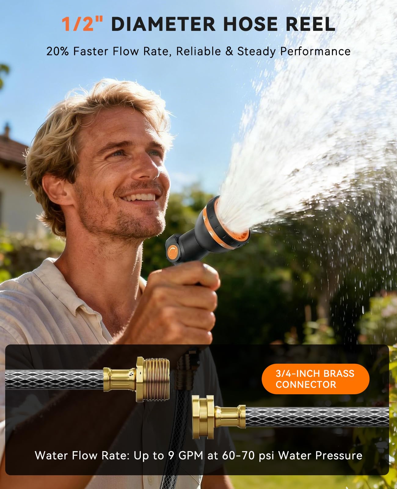 SUNPOW Retractable Garden Hose Reel - 1/2 inch x 50ft Wall Mounted Hose Reel with 3/4 inch Brass Fitting & 10 Function Sprayer Nozzle - Any Length Lock, Auto Rewind System, 180°Swivel Bracket - Grey 🍁 All In One Marketplace Canada