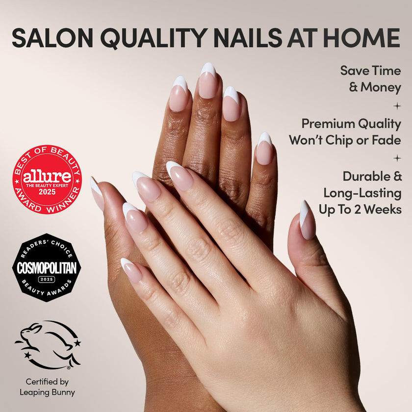 Glamnetic Press On Nails - Ma Damn | French Tip Nails, UV Finish Short Pointed Almond Shape, Reusable Semi-Transparent Nails in 12 Sizes - 24 Nail Kit with Glue 🍁 All In One Marketplace Canada
