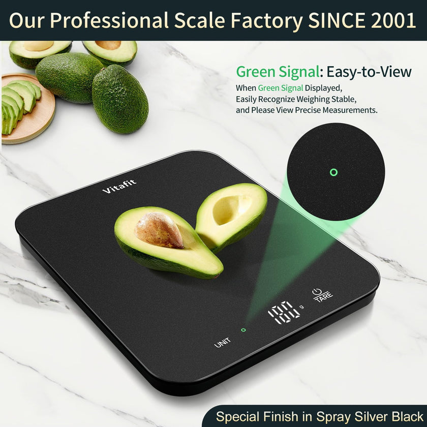 Vitafit 33lb/15kg Digital Food Scale in High Precision 0.1oz/1g, Our Own Kitchen Scale Professional Factory Since 2001, Scale Grams for Cooking & Baking, LED, 3*AAA Battery, Spray Silver Black 🍁 All In One Marketplace Canada
