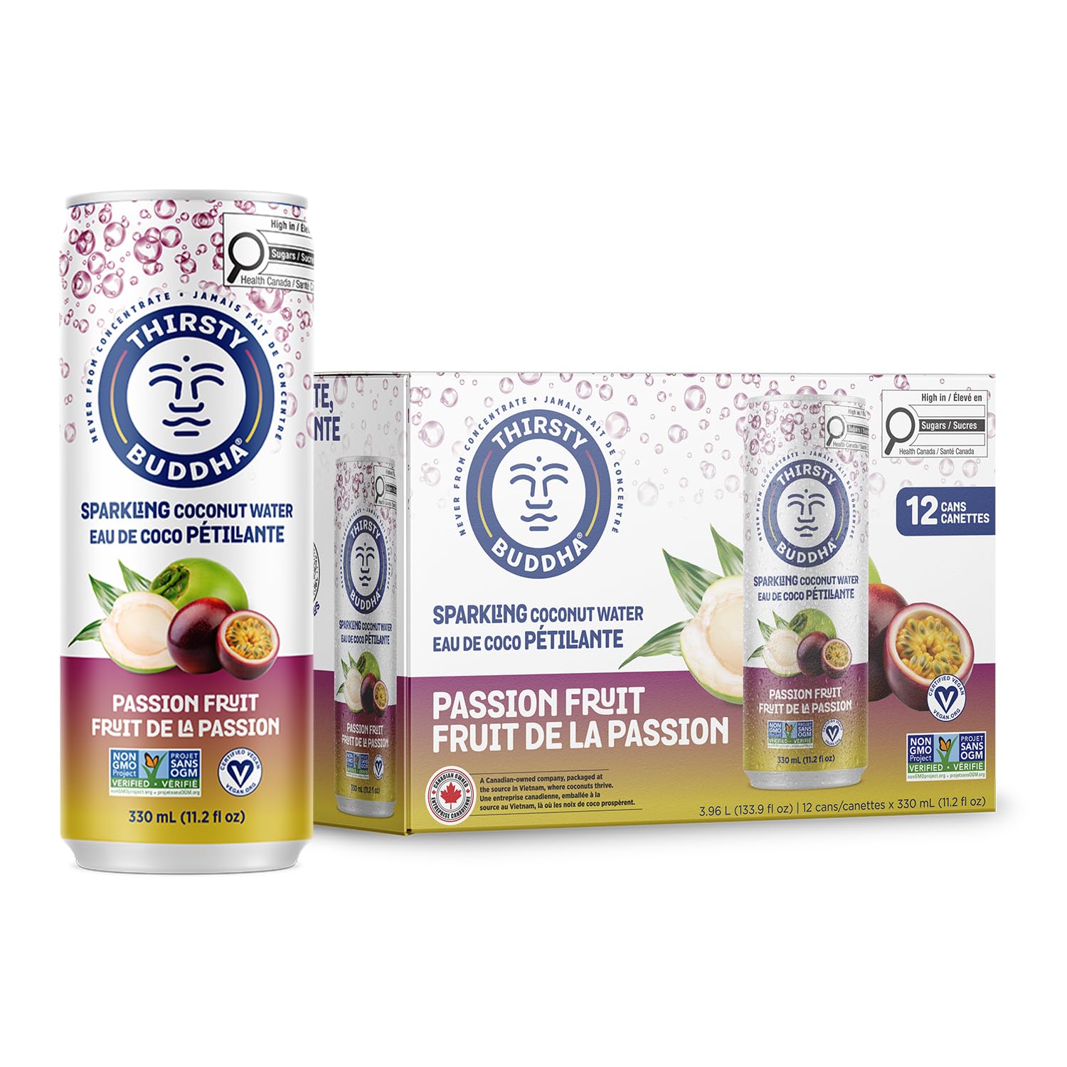 THIRSTY BUDDHA Sparkling Coconut Water with Passion Fruit, No Added Sugar, Pure Coco Drink, Natural Fruit Flavour, Electrolyte & Nutrient-Rich, 12 Pack, (12/330ml) 🍁 All In One Marketplace Canada
