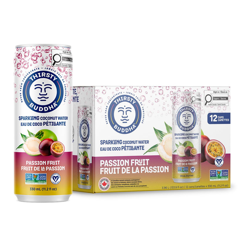 THIRSTY BUDDHA Sparkling Coconut Water with Passion Fruit, No Added Sugar, Pure Coco Drink, Natural Fruit Flavour, Electrolyte & Nutrient-Rich, 12 Pack, (12/330ml) 🍁 All In One Marketplace Canada