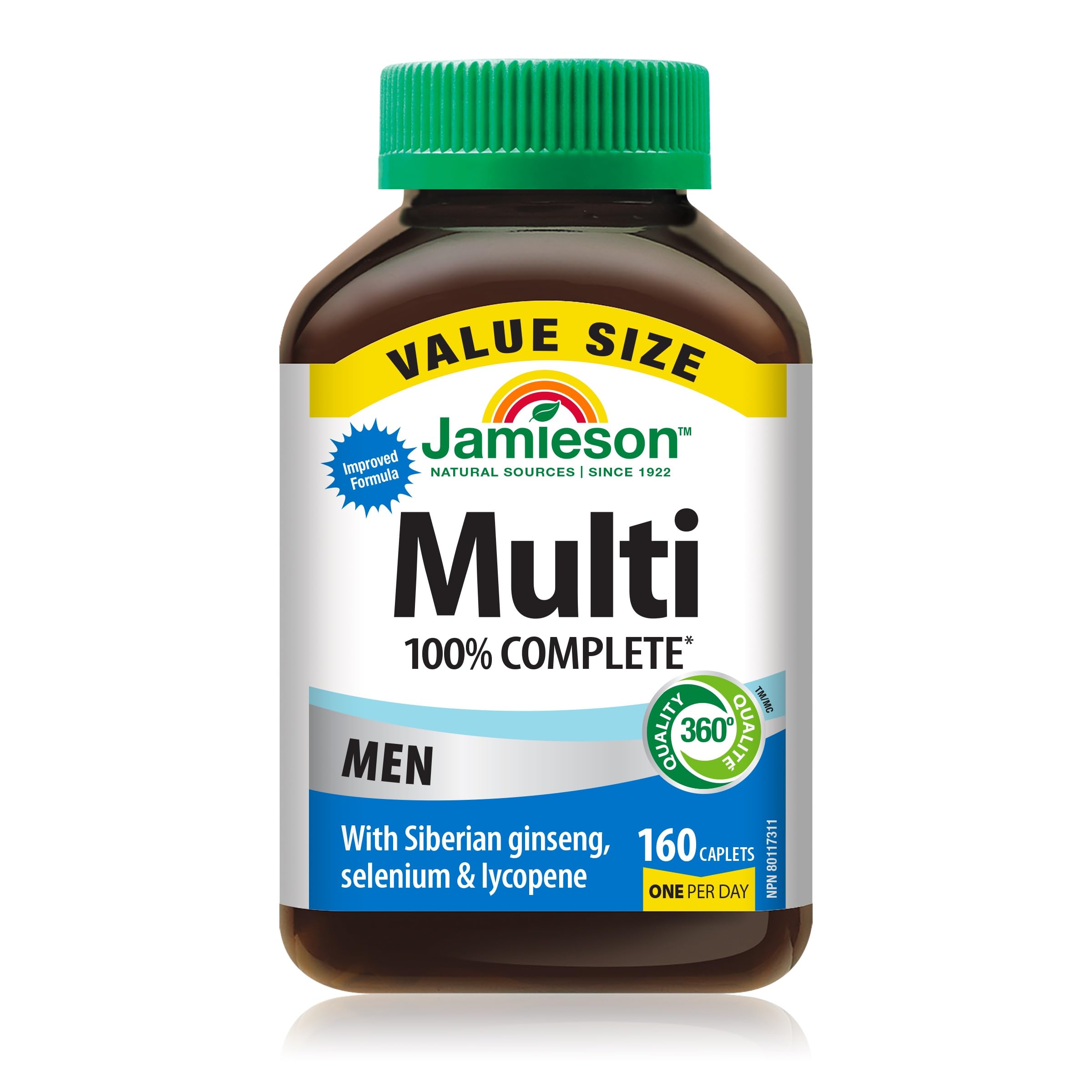 Jamieson 100% Complete Multivitamin for Men, with Siberian Ginseng, Lycopene and Selenium. Supports Eye Health, Energy, Immunity, and Everyday Health, Gluten-Free, One Per Day, 160 Caplets 🍁 All In One Marketplace Canada